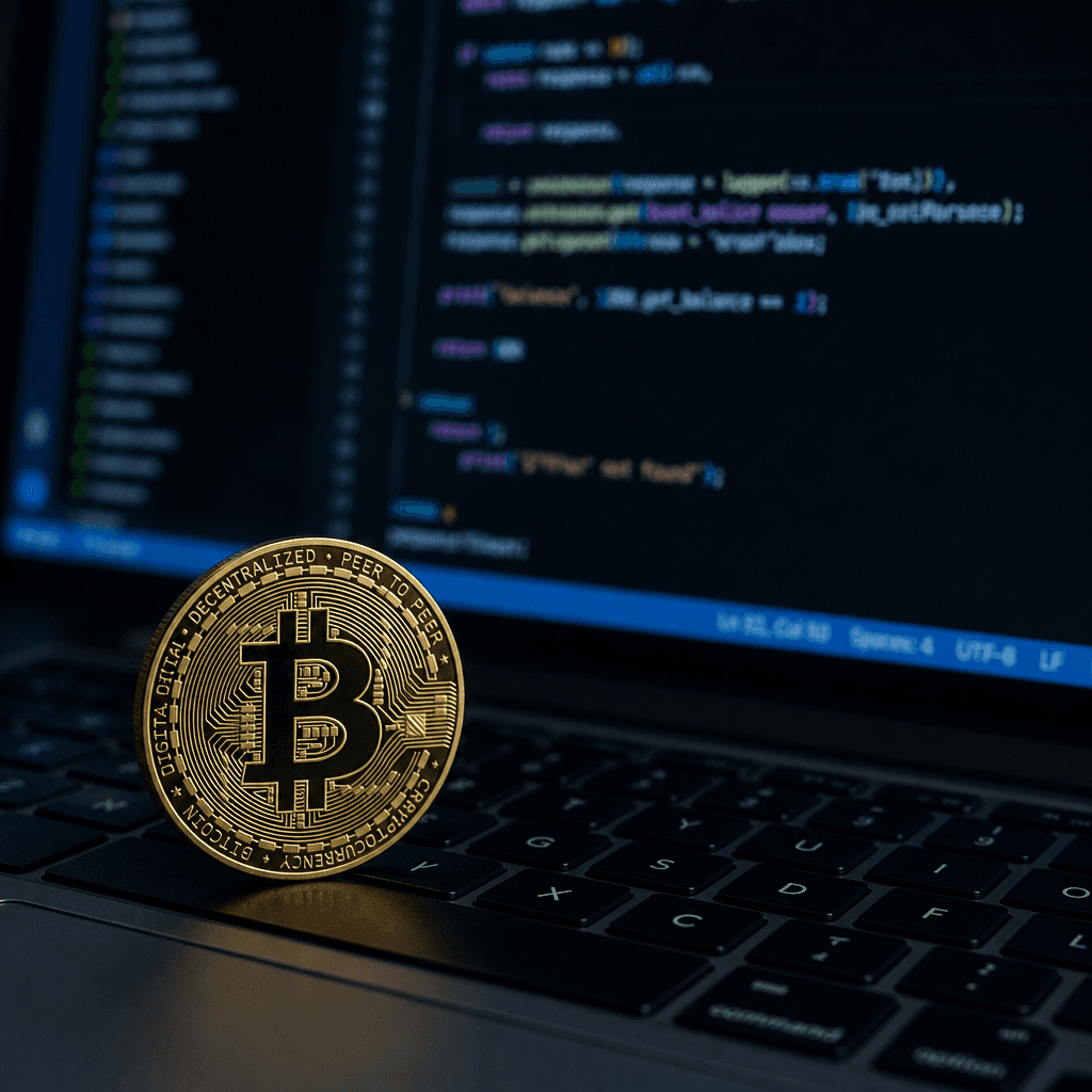 Close-up of a physical Bitcoin coin on a laptop keyboard with blurred code on a monitor in the background, conveying a crypto security incident.