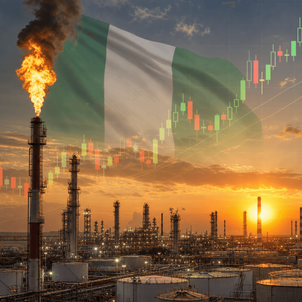 Dangote Refinery industrial complex with towers and tanks under a golden sky, overlaid with a faint stock market chart.