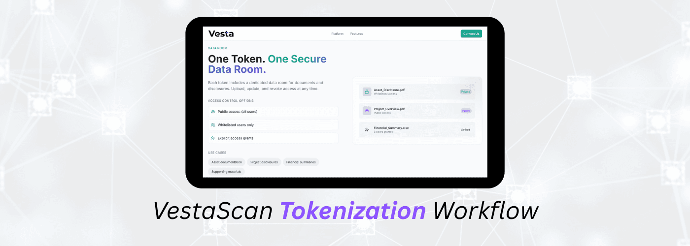 VestaScan platform dashboard showing real world asset tokenization workflow
