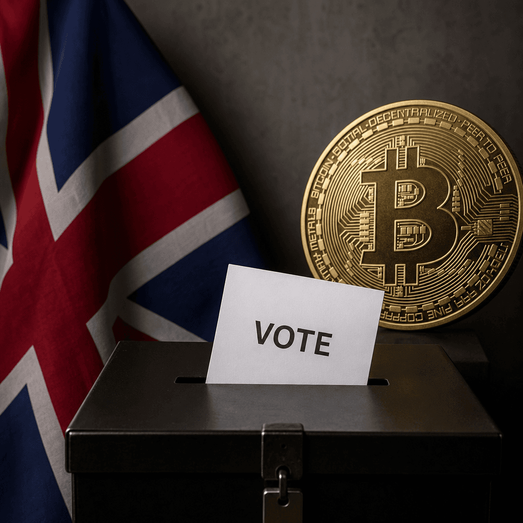 Composite image of a UK flag, a cryptocurrency coin and a ballot box representing political donations from a crypto entrepreneur.
