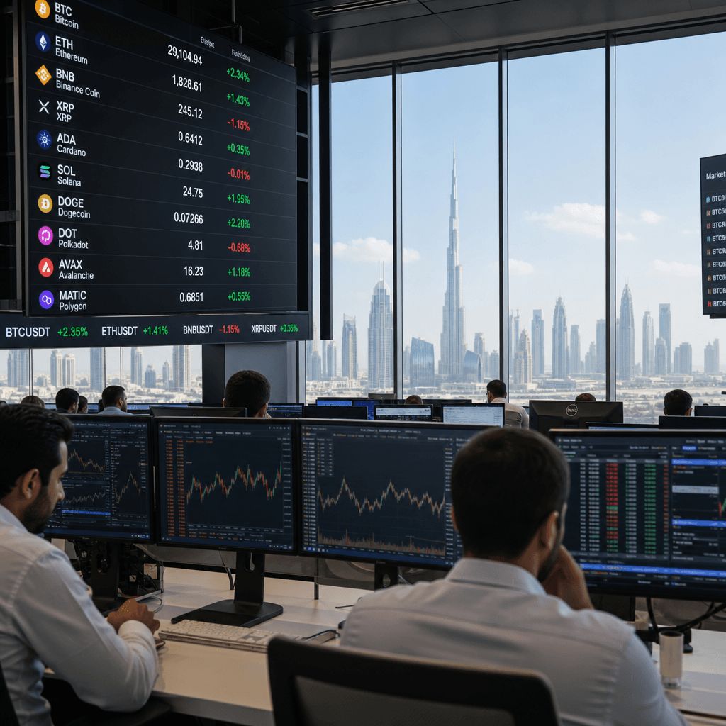 Institutional trading floor with crypto price tickers and Dubai skyline visible through windows
